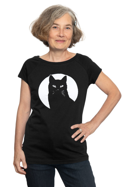 Frauenshirt Kenia Fair Trade Raglan Schwarzer Kater, schwarz M