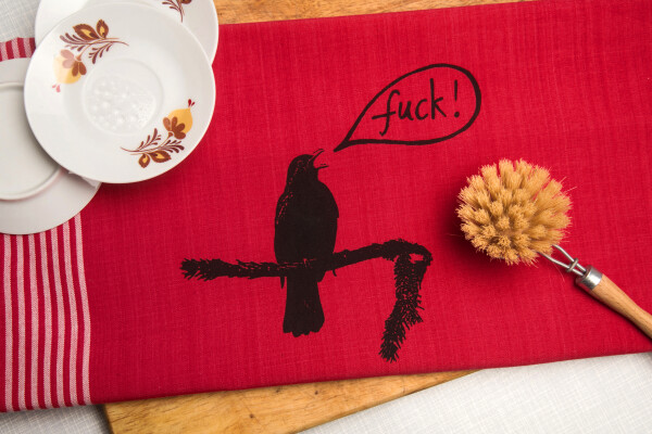 Handgewebtes Geschirrtuch Amsel sagt Fuck! rot