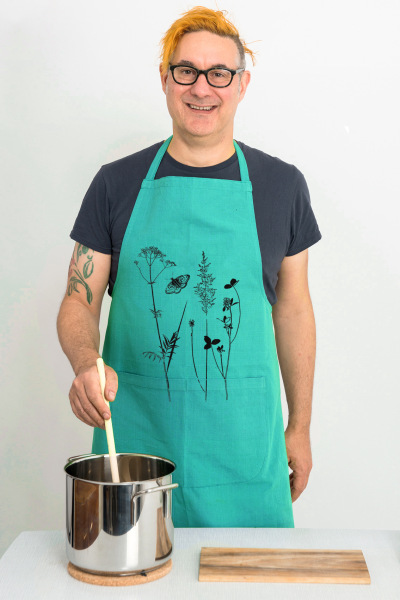 Bio-Schürze handgewebt Schmetterlingswiese türkis